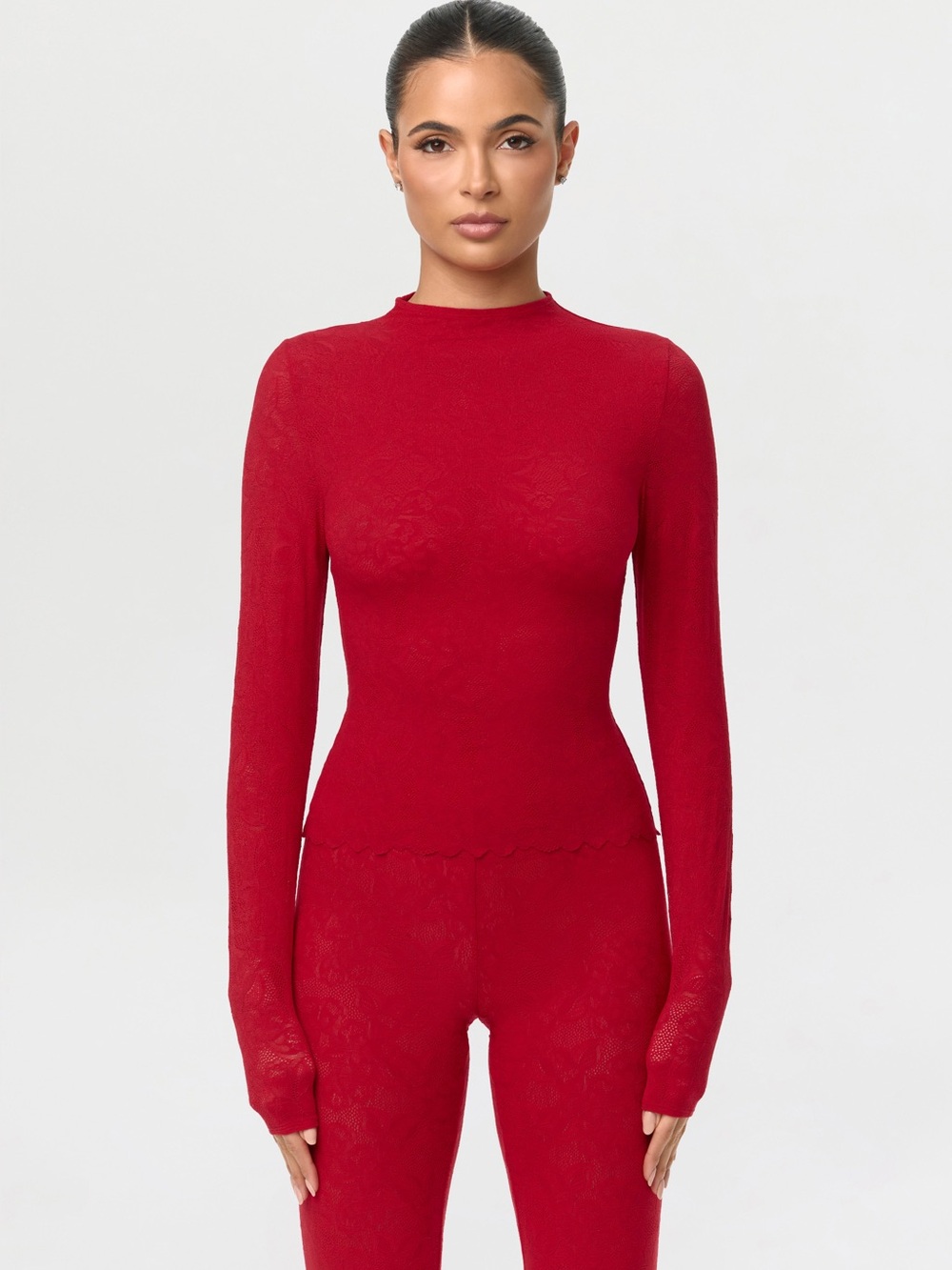 NWT Naked Wardrobe Sz XS Lace Turtleneck Top Red Scallop Hem Long Sleeve Eyelet
